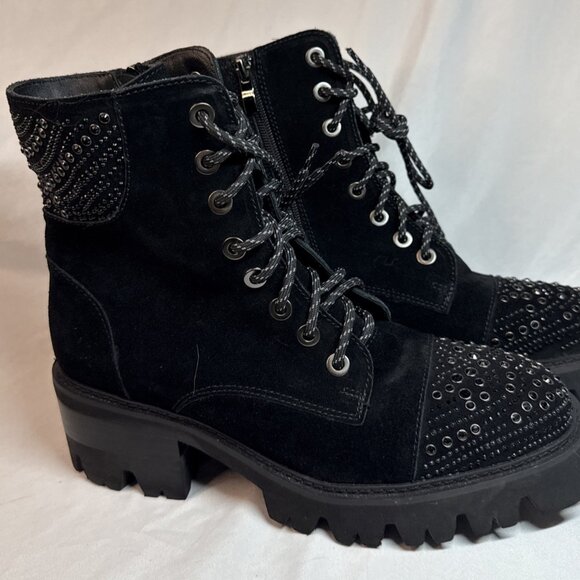 Vince Camuto Ve-Nanelyn Lace Up Booties Womens Size 10 M Black Suede Rhinestones - Picture 1 of 14